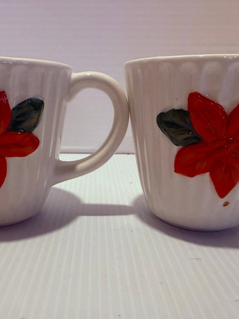 Magenta Home Christmas Poinsettia Mugs 2pc Embossed Red Floral Ceramic Holiday